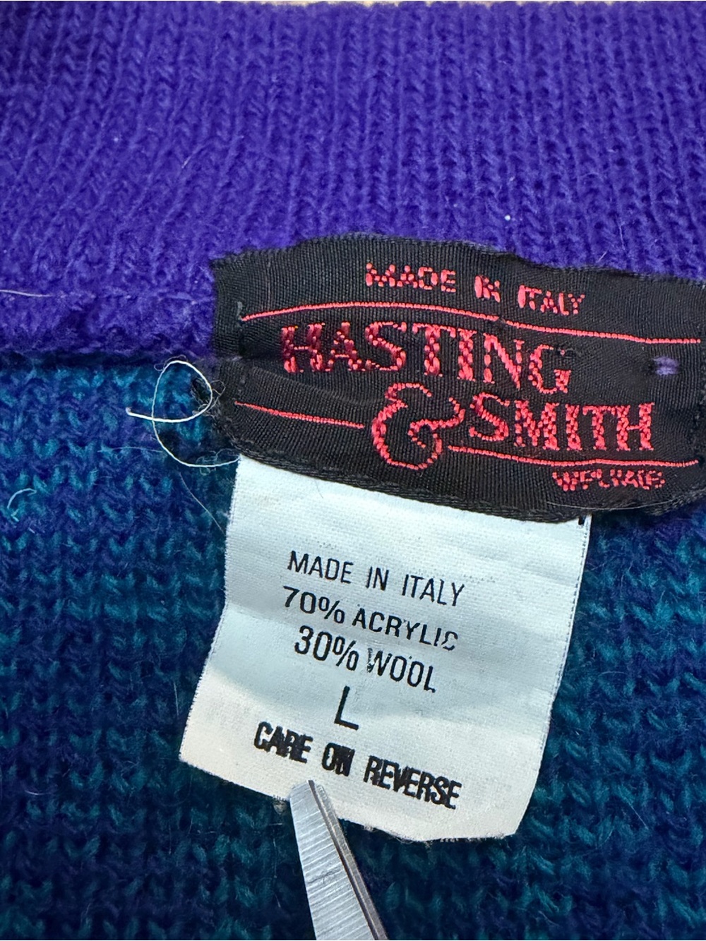 Vintage Italian Purple & Teal Patterned Wool Blend Cardigan Sweater - Picture 3 of 6